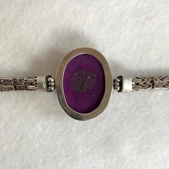 Sterling Silver 925 Purple Stone Dyed Howlite Chunky Byzantine Chain Bracelet - Picture 7 of 16